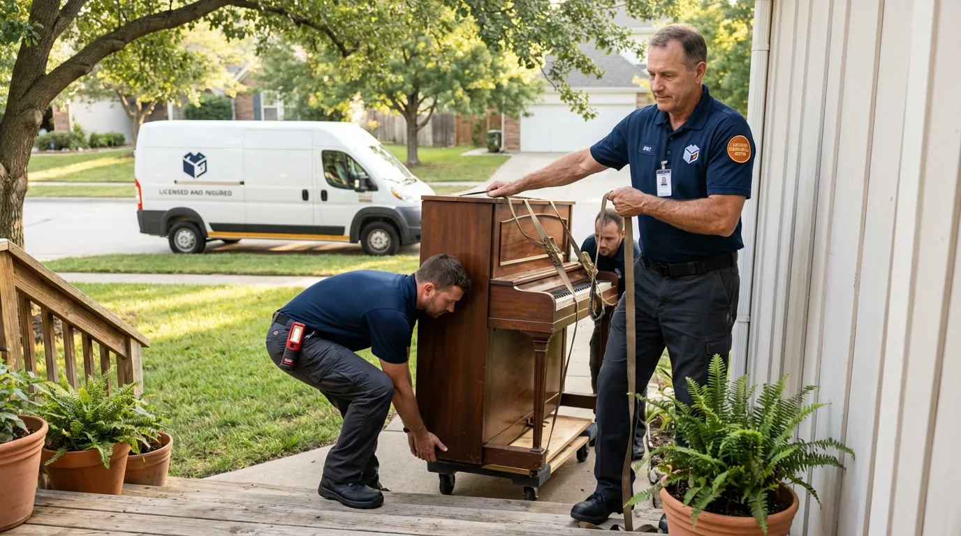 Licensed piano movers securing grand piano in Woodsville, NH
