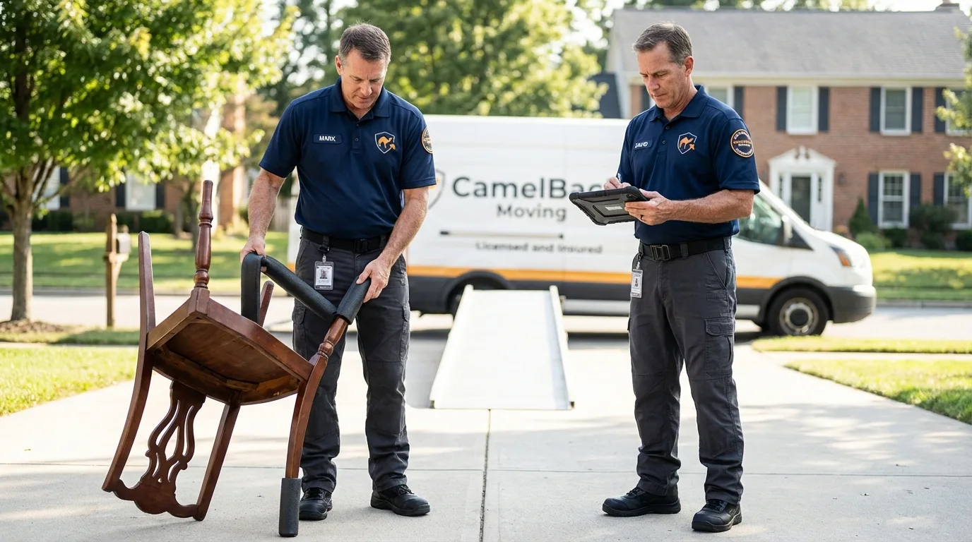 Movers inspecting furniture for damage prevention before loading in Woodsville, NH