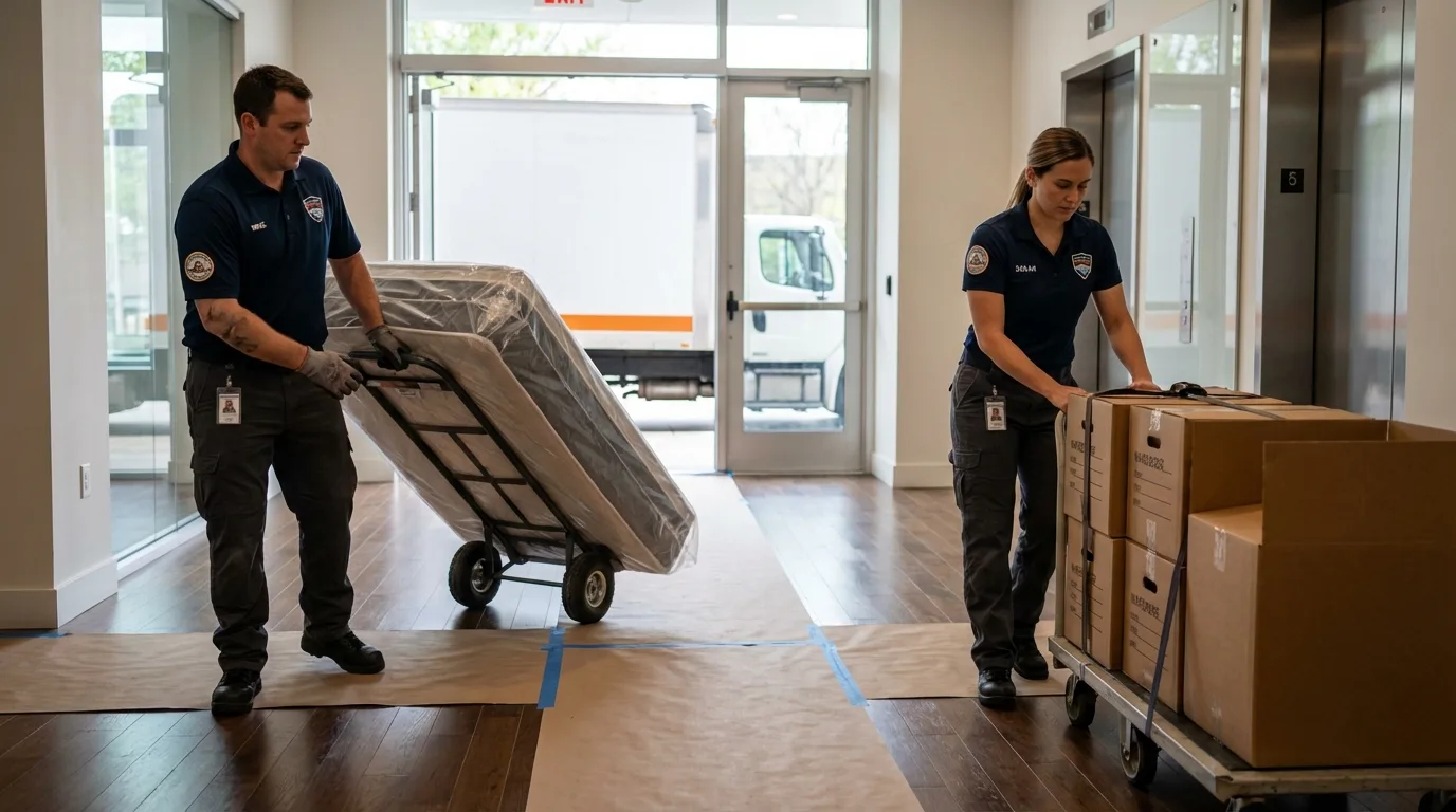 Professional apartment movers loading elevator in Woodsville, NH