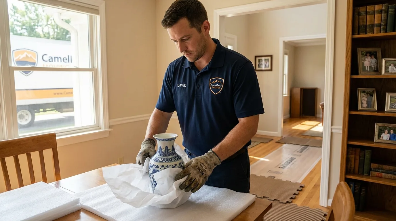 Professional crew carefully wrapping antique vase for senior downsizing move in Woodsville, NH